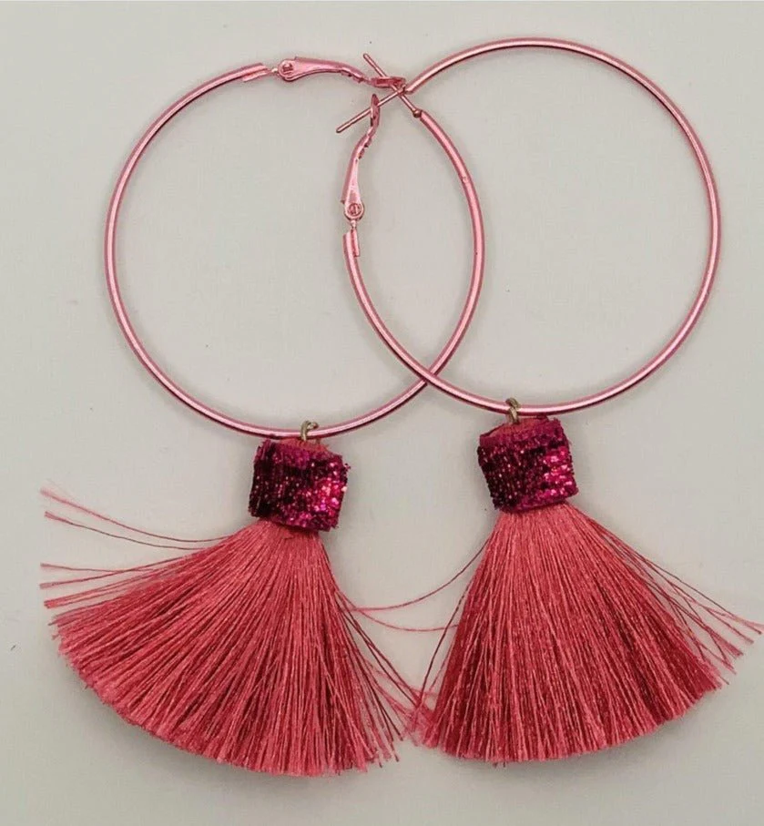 Suzywan DELUXE Fuchsia Tassel Hoop Earrings - Image 3