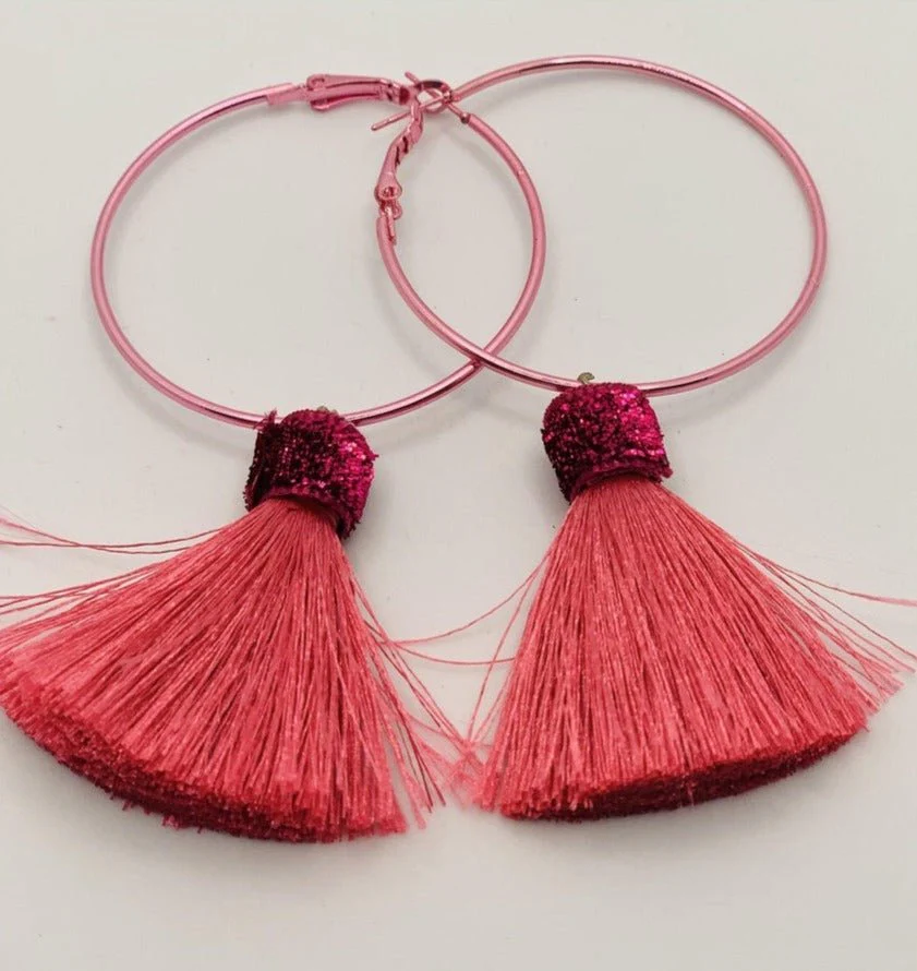 Suzywan DELUXE Fuchsia Tassel Hoop Earrings - Image 4